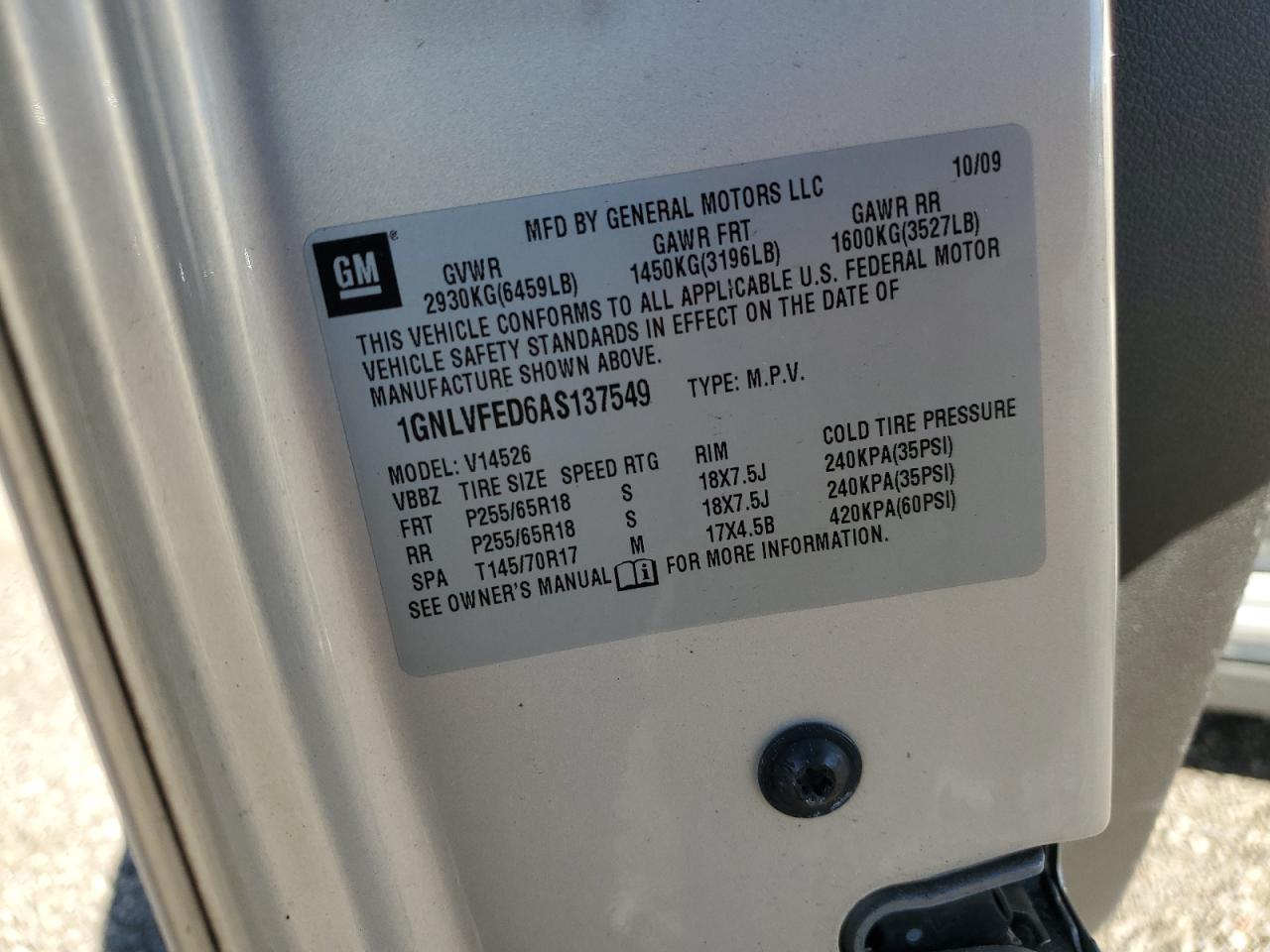 2010 Chevrolet Traverse Lt VIN: 1GNLVFED6AS137549 Lot: 82239605