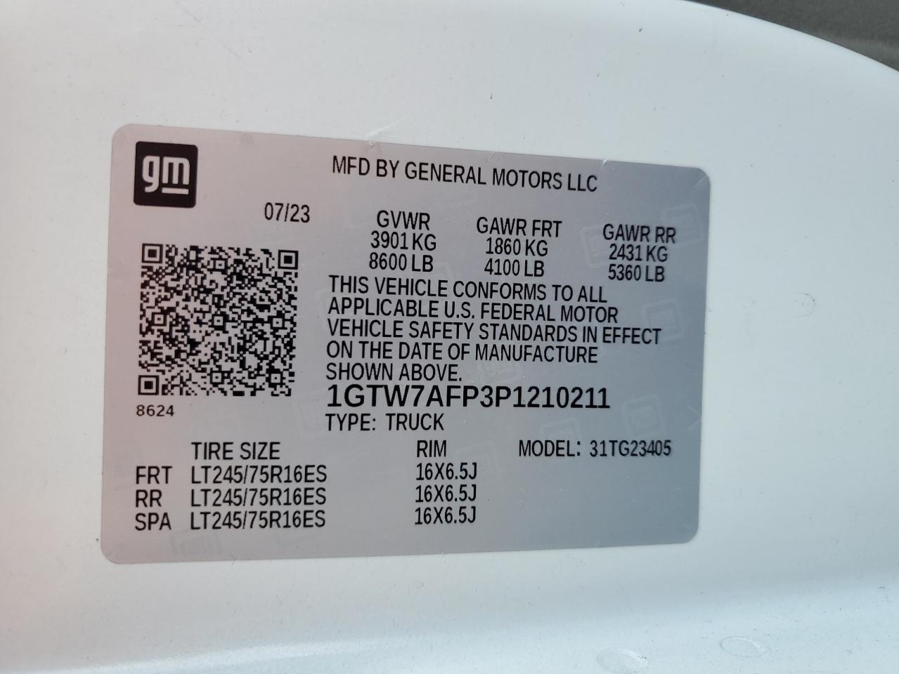 2023 GMC Savana Delivery Van VIN: 1GTW7AFP3P1210211 Lot: 89628835