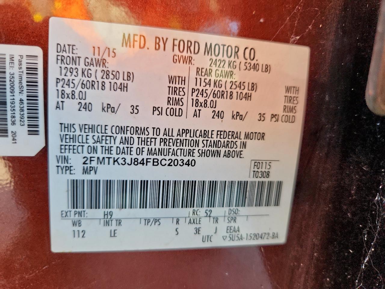 2015 Ford Edge Sel VIN: 2FMTK3J84FBC20340 Lot: 86341125