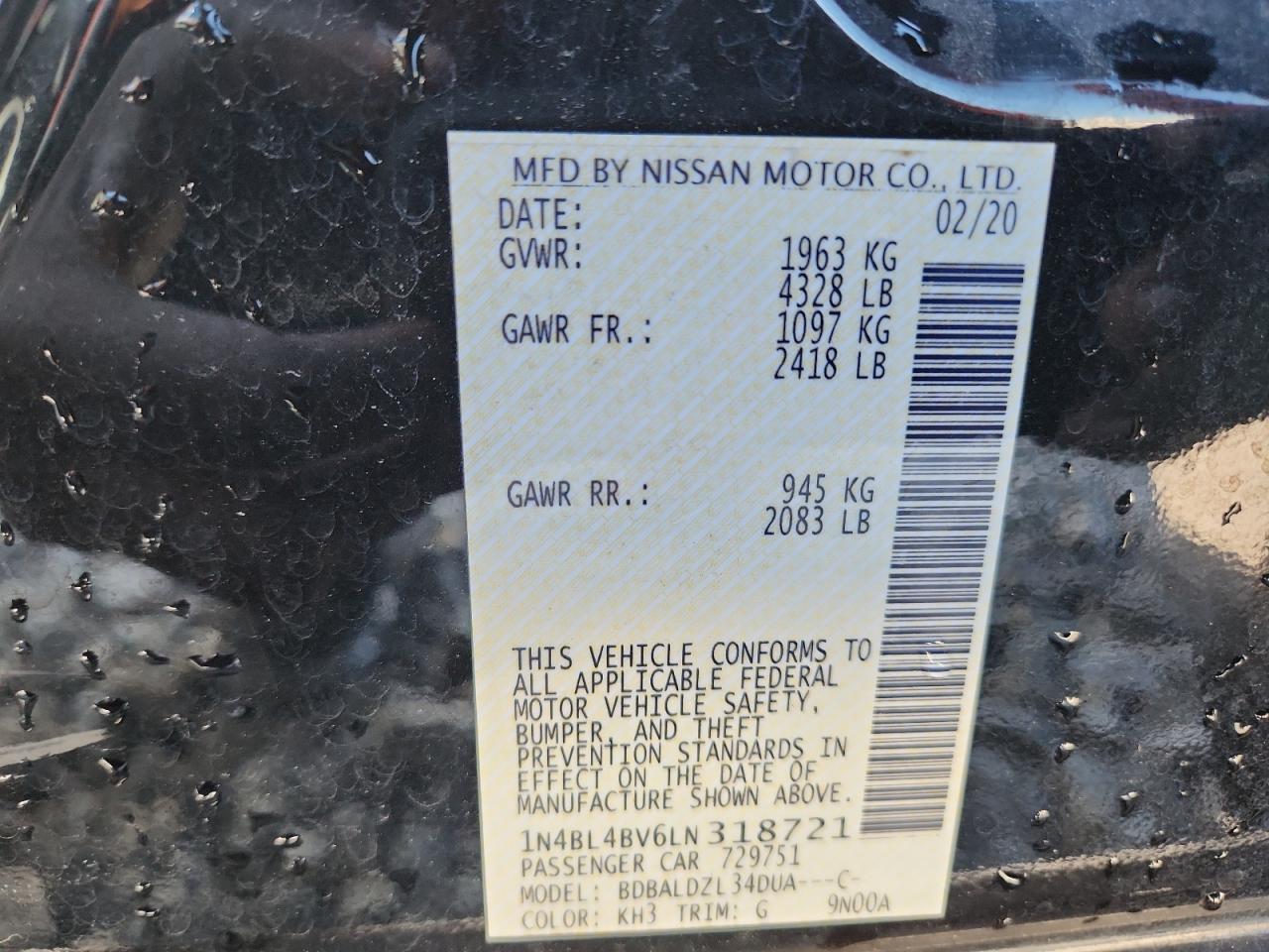 2020 Nissan Altima S VIN: 1N4BL4BV6LN318721 Lot: 85855105