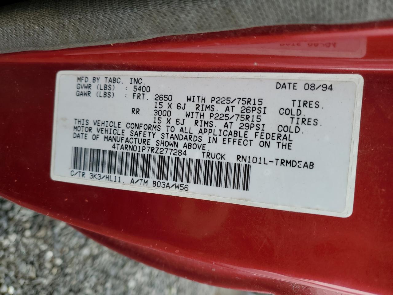 1994 Toyota Pickup 1/2 Ton Short Wheelbase Dx VIN: 4TARN01P7RZ277284 Lot: 84396245