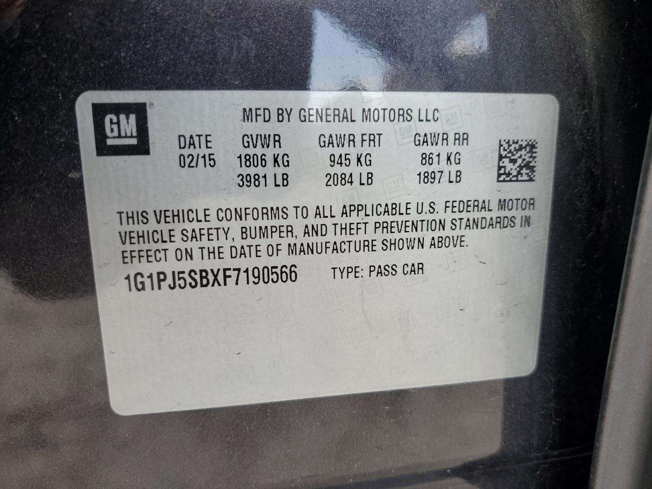 2015 Chevrolet Cruze Eco VIN: 1G1PJ5SBXF7190566 Lot: 81950545