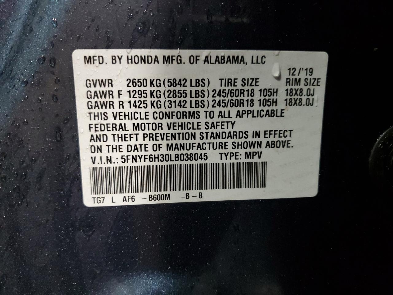 2020 Honda Pilot Ex VIN: 5FNYF6H30LB038045 Lot: 86697435