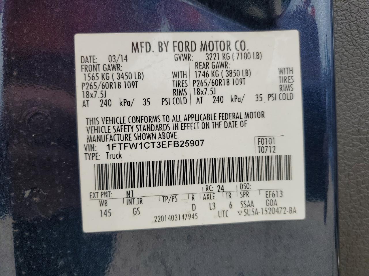 2014 Ford F150 Supercrew VIN: 1FTFW1CT3EFB25907 Lot: 90517975