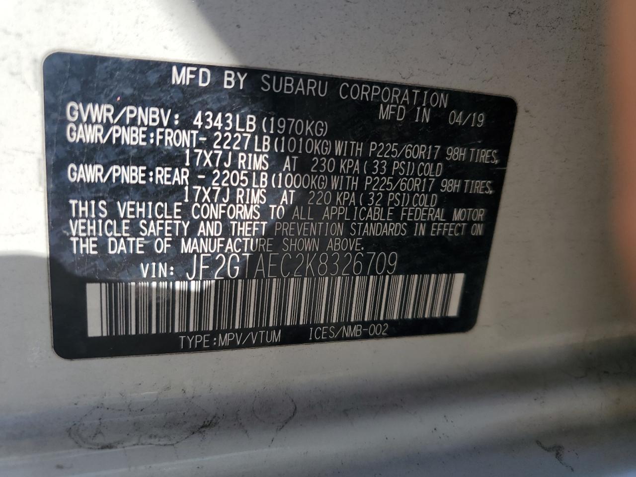 2019 Subaru Crosstrek Premium VIN: JF2GTAEC2K8326709 Lot: 82411755