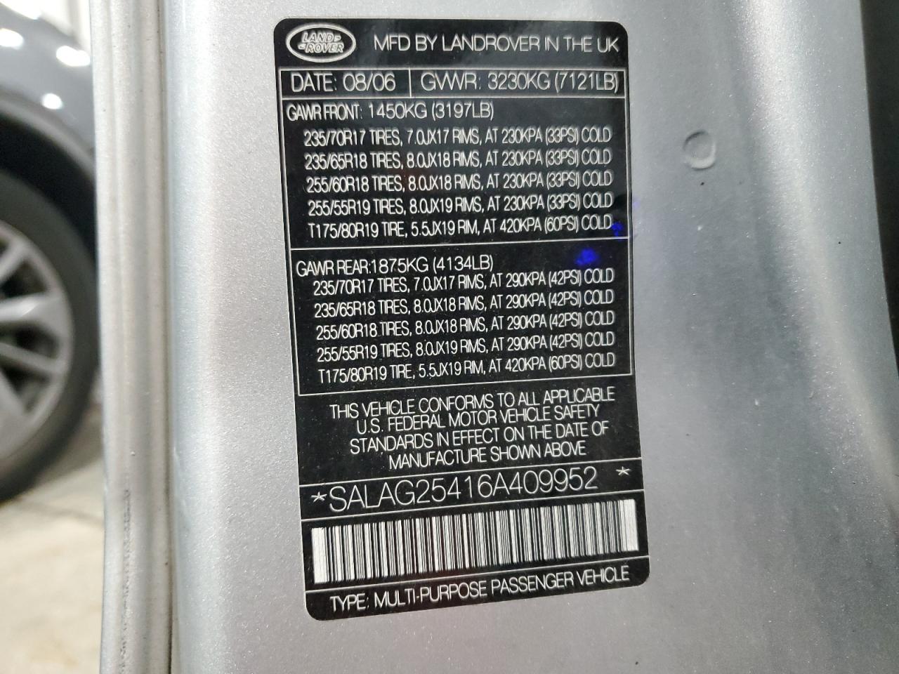 2006 Land Rover Lr3 Hse VIN: SALAG25416A409952 Lot: 87385785