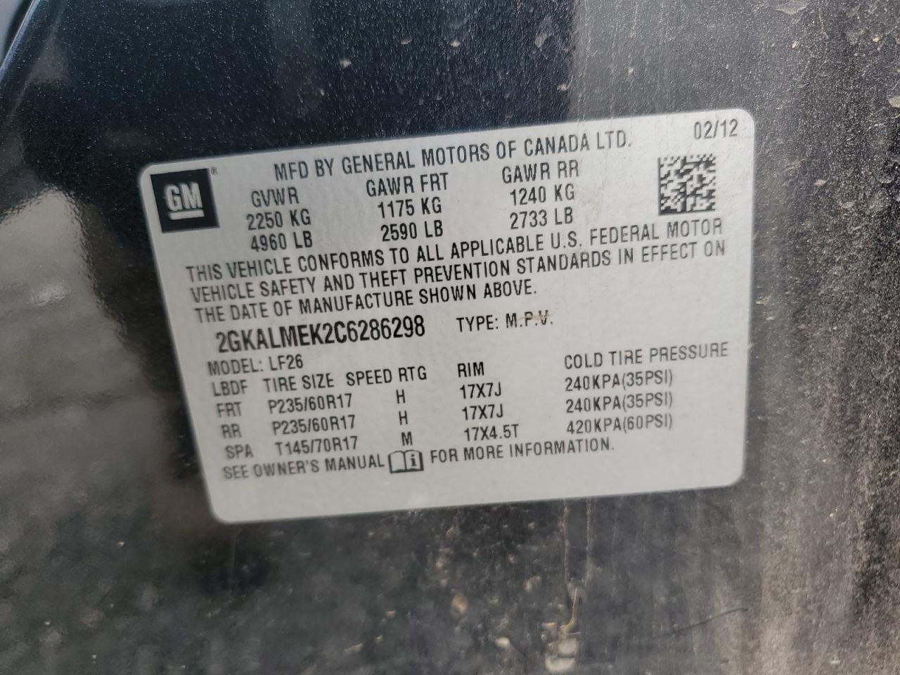 2012 GMC Terrain Sle VIN: 2GKALMEK2C6286298 Lot: 84175615