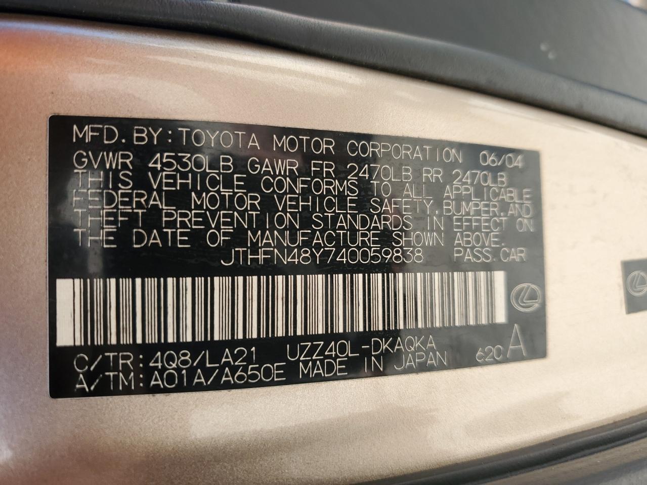 2004 Lexus Sc 430 VIN: JTHFN48Y740059838 Lot: 87066795