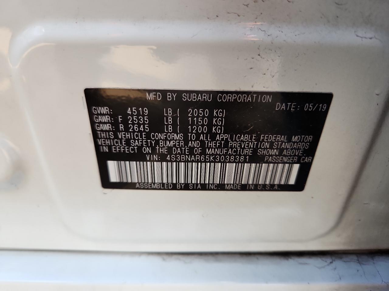 2019 Subaru Legacy Sport VIN: 4S3BNAR65K3038381 Lot: 90615925