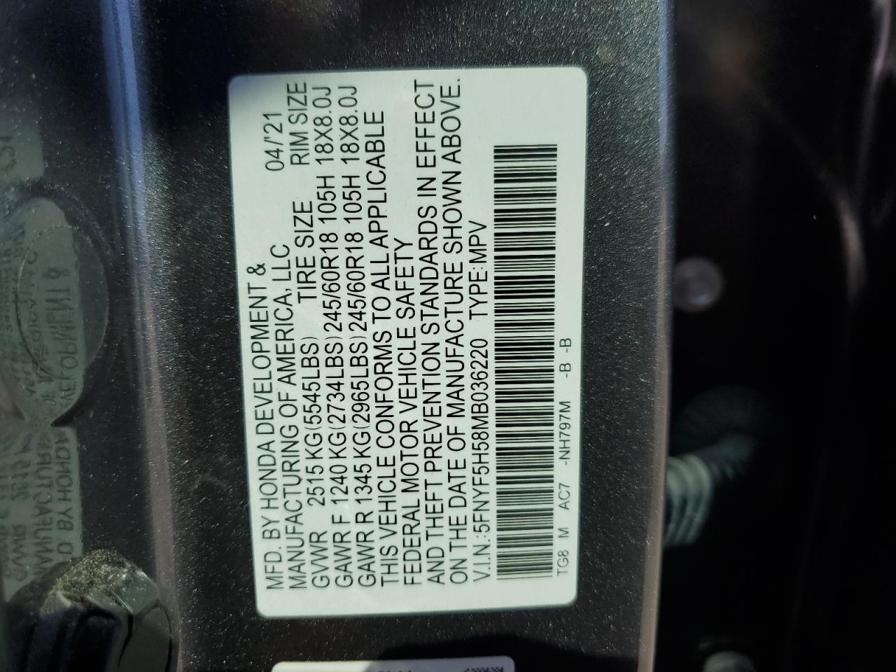 2021 Honda Pilot Exl VIN: 5FNYF5H58MB036220 Lot: 86873005