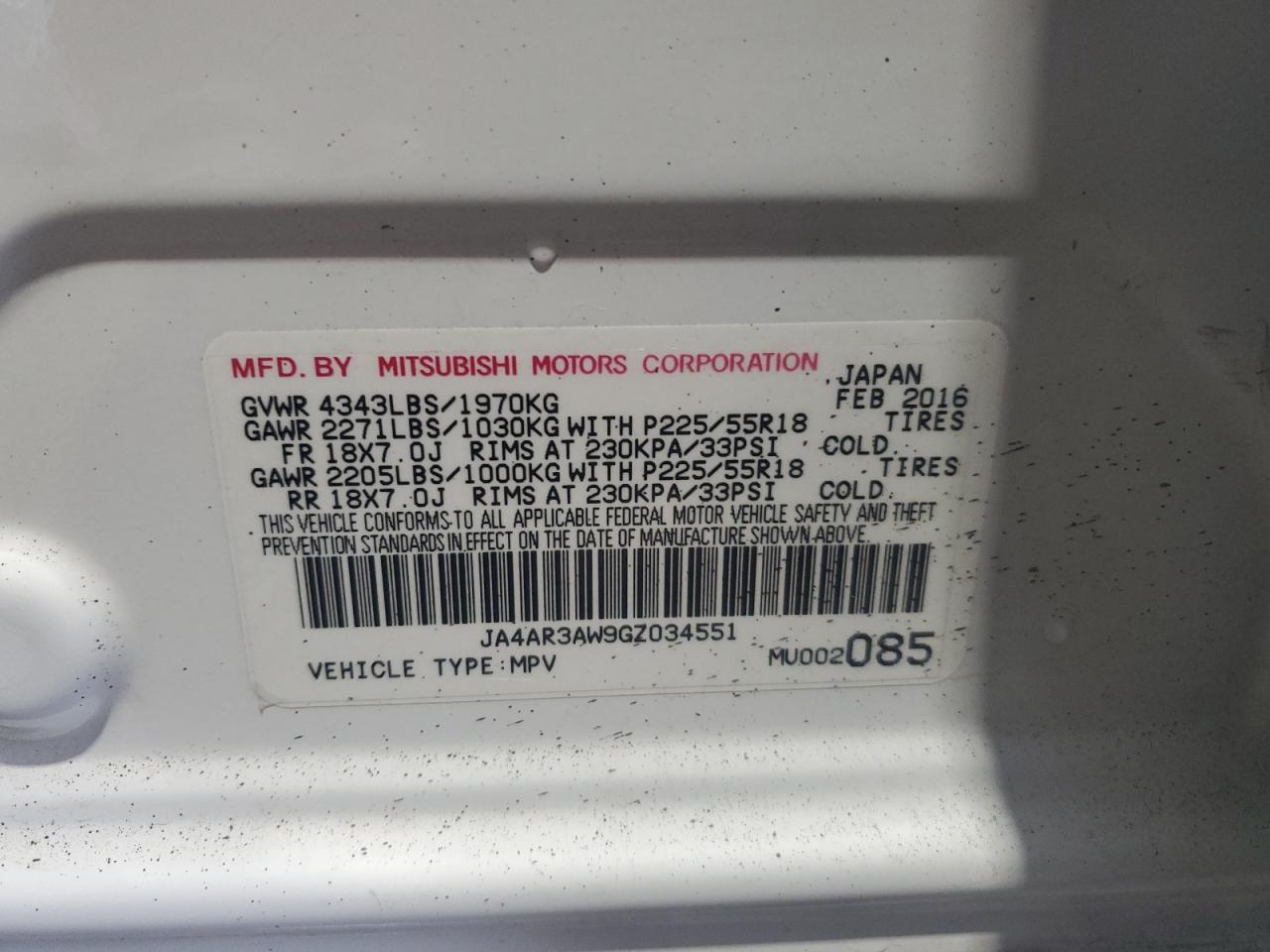 2016 Mitsubishi Outlander Sport Es VIN: JA4AR3AW9GZ034551 Lot: 85414765