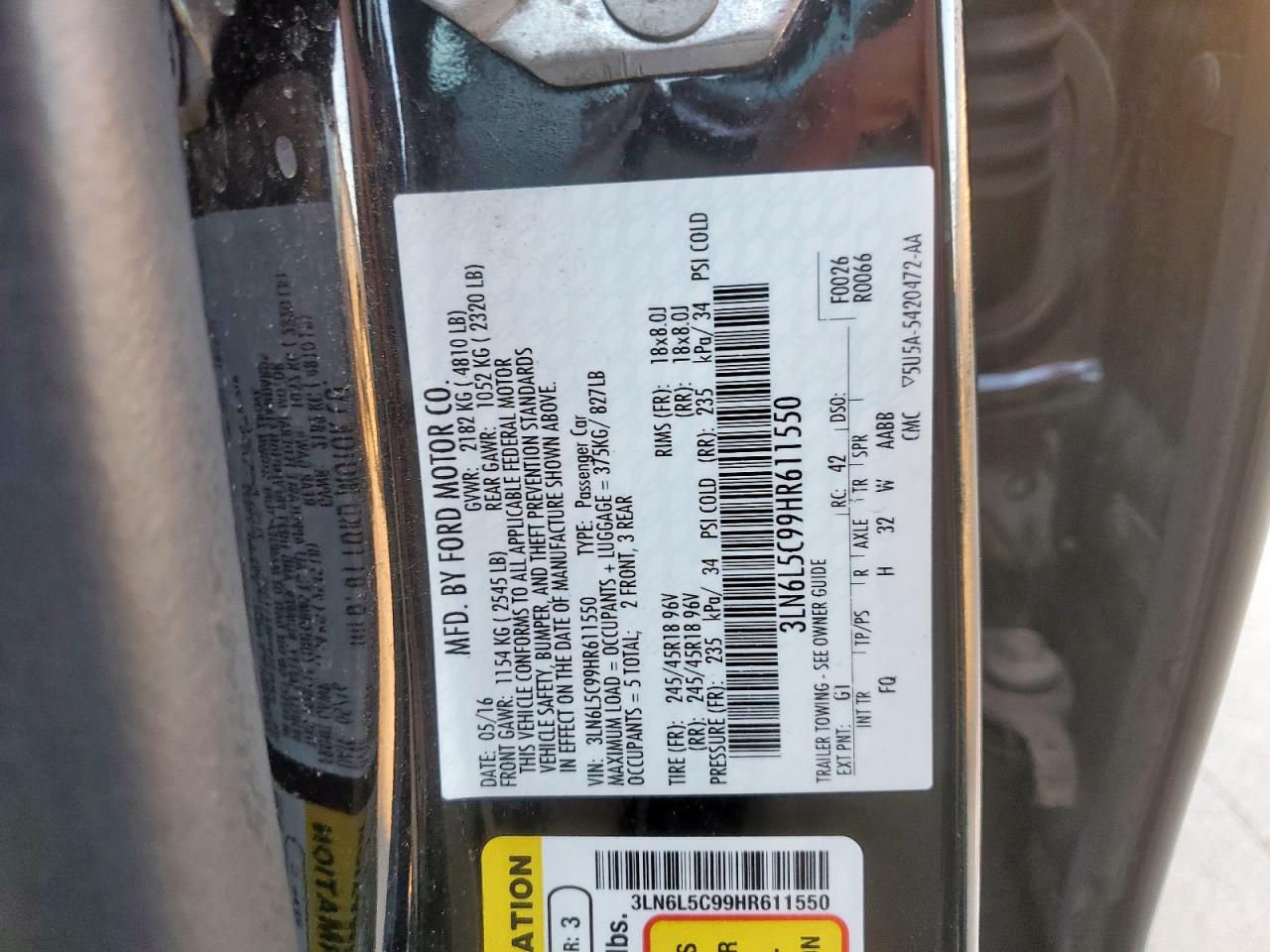 2017 Lincoln Mkz Select VIN: 3LN6L5C99HR611550 Lot: 90725255