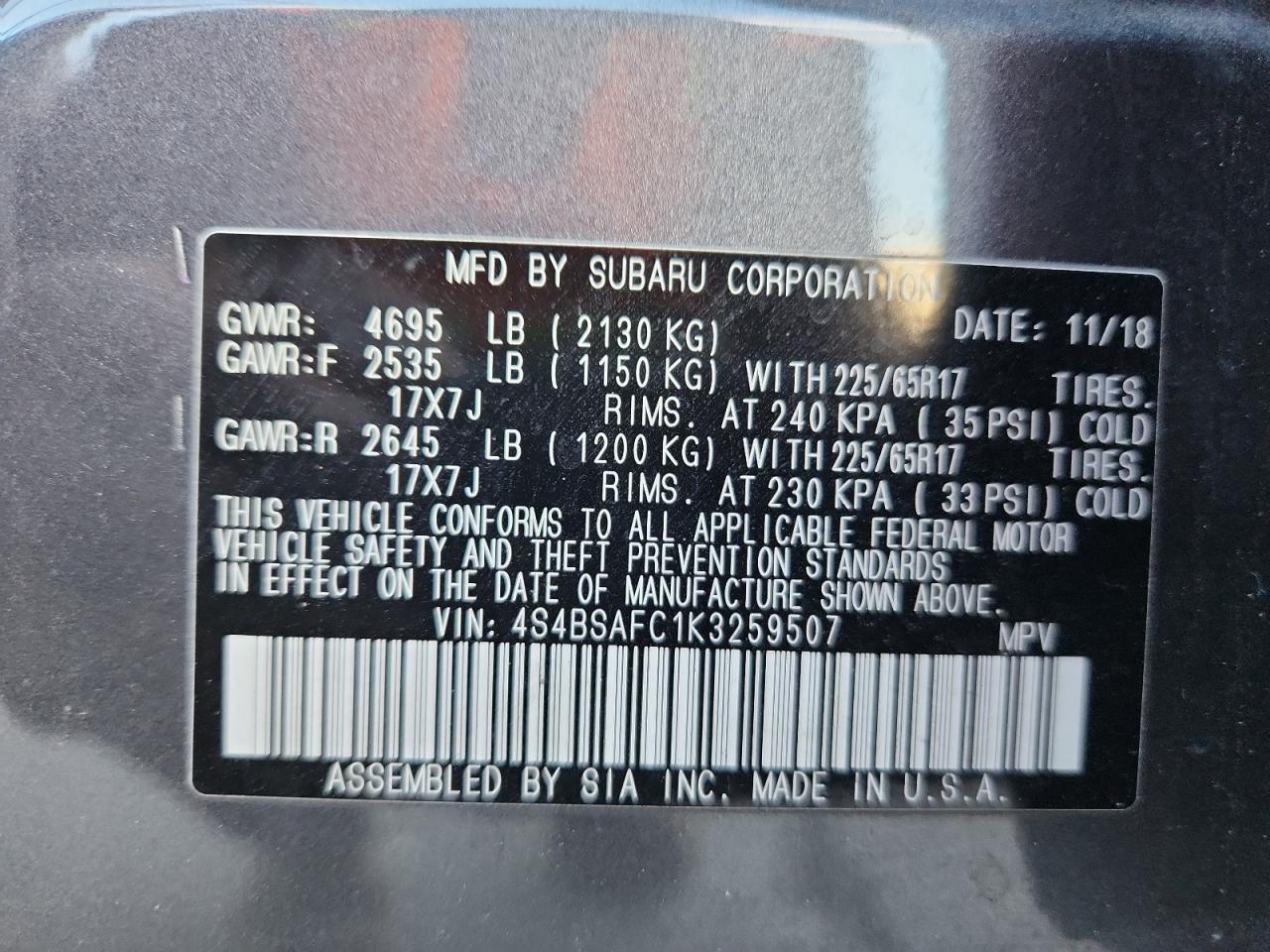 2019 Subaru Outback 2.5I Premium VIN: 4S4BSAFC1K3259507 Lot: 86456285