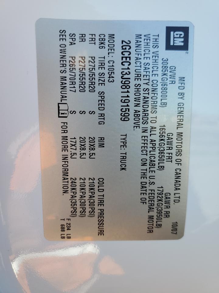 2008 Chevrolet Silverado C1500 VIN: 2GCEC13J981191599 Lot: 82213895