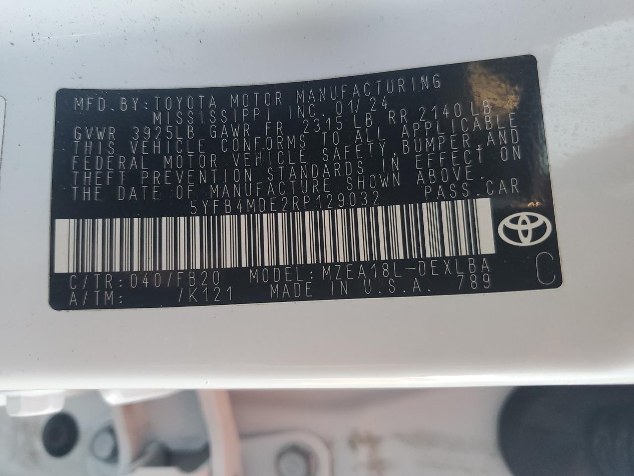 2024 Toyota Corolla Le VIN: 5YFB4MDE2RP129032 Lot: 86892065