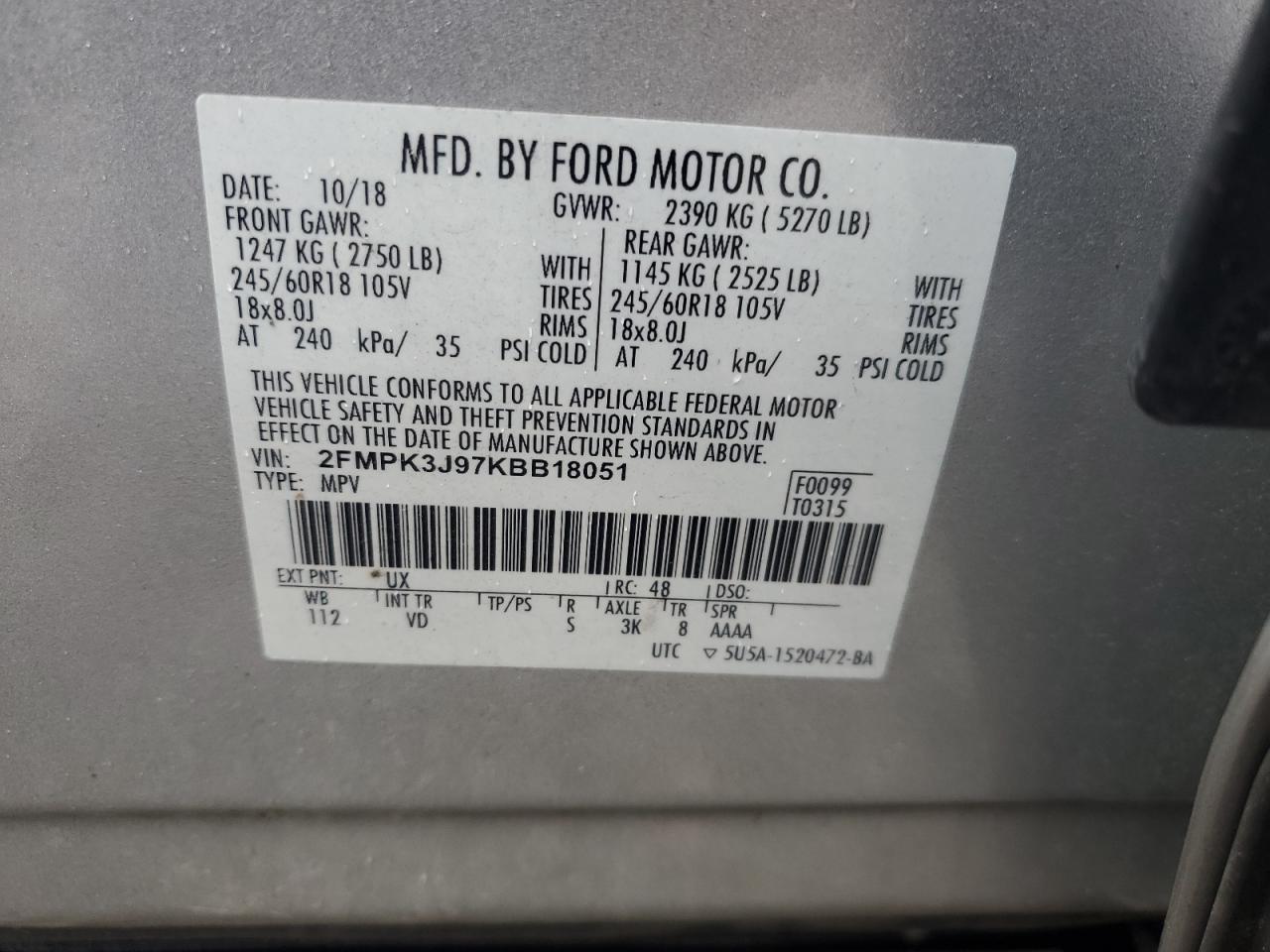 2019 Ford Edge Sel VIN: 2FMPK3J97KBB18051 Lot: 86311825