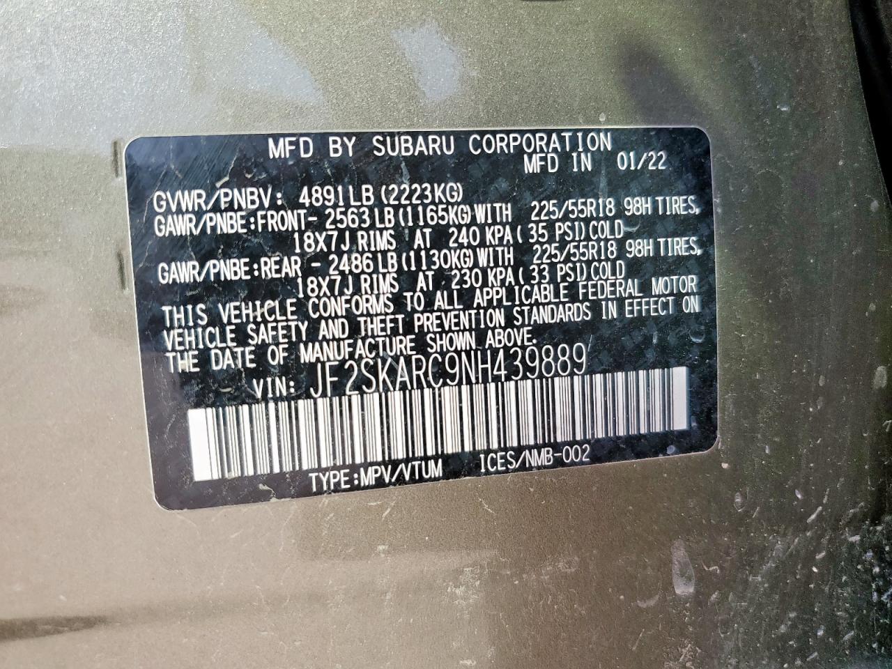 2022 Subaru Forester Touring VIN: JF2SKARC9NH439889 Lot: 82384905