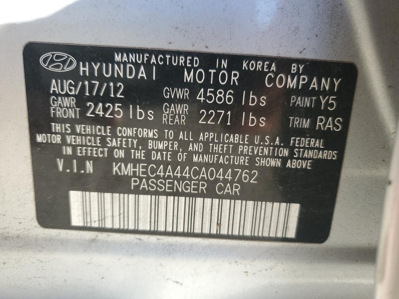 2012 Hyundai Uk VIN: KMHEC4A44CA044762 Lot: 81851275