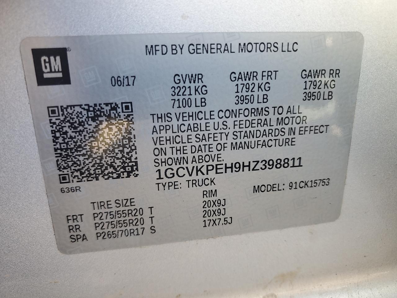 2017 Chevrolet Silverado K1500 Custom VIN: 1GCVKPEH9HZ398811 Lot: 84882295