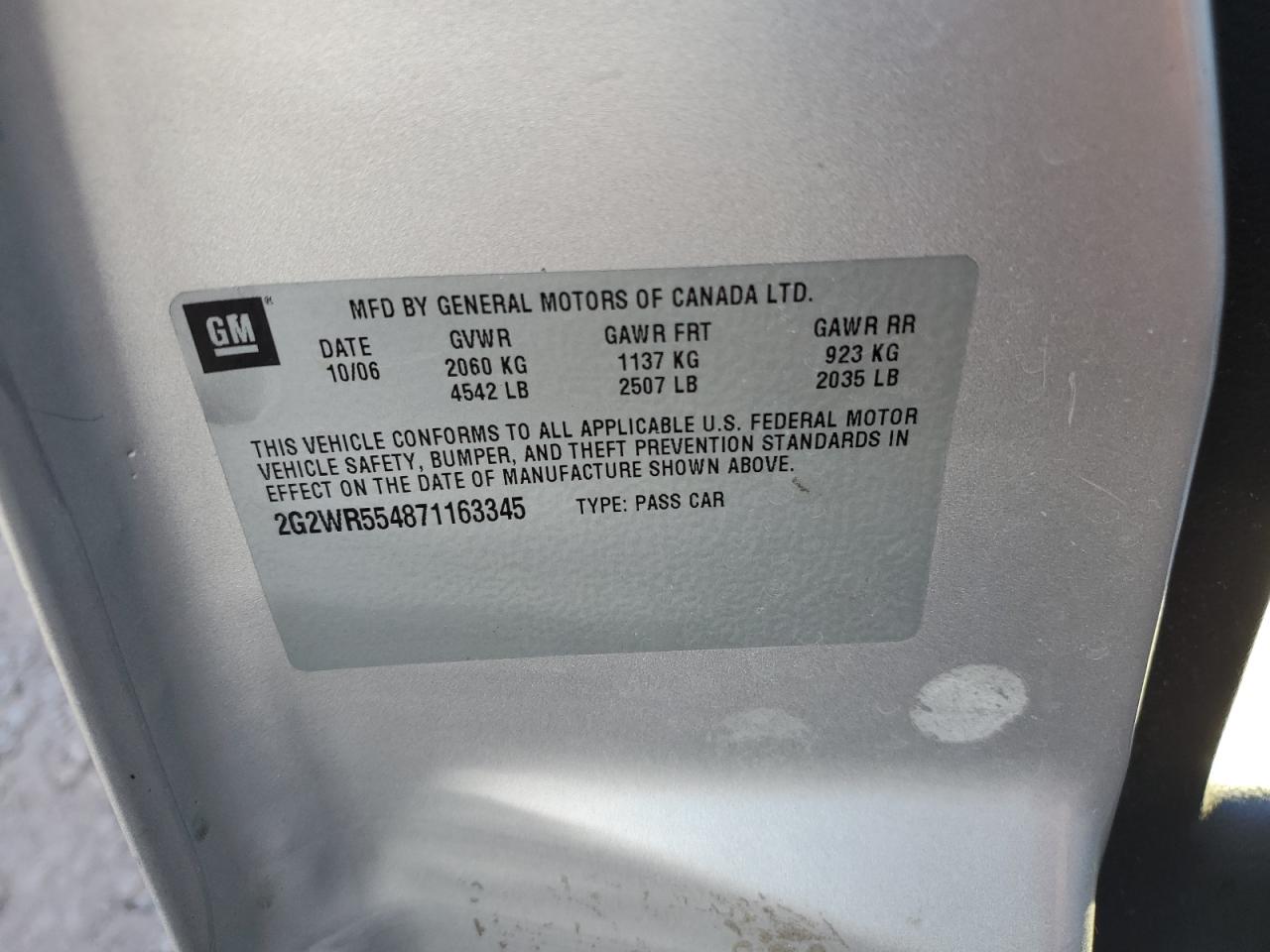 2007 Pontiac Grand Prix Gt VIN: 2G2WR554871163345 Lot: 81998105