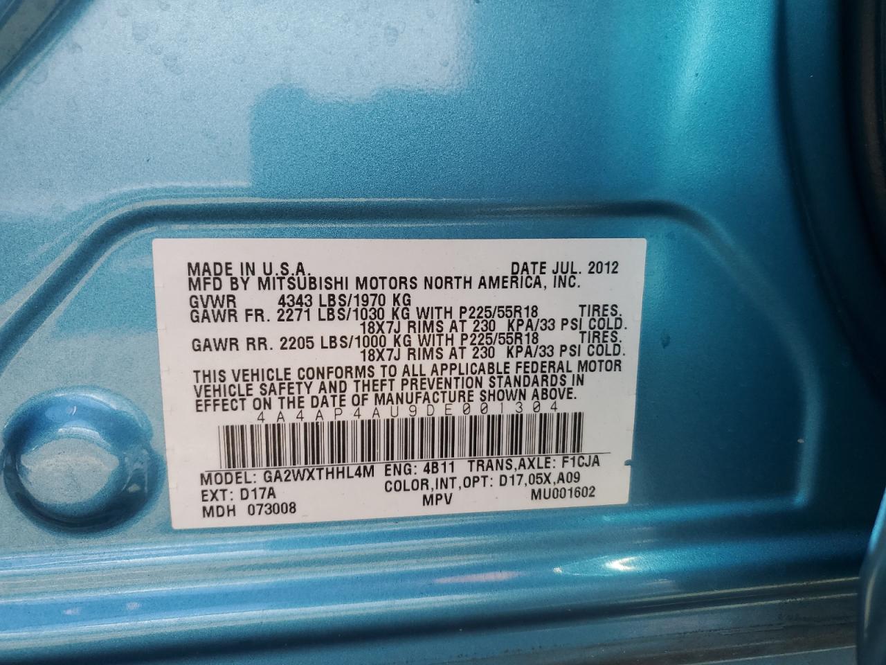 2013 Mitsubishi Outlander Sport Se VIN: 4A4AP4AU9DE001304 Lot: 89548985