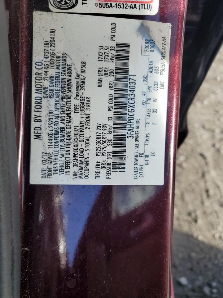 2012 Ford Fusion Sel VIN: 3FAHP0CGXCR340371 Lot: 89820135