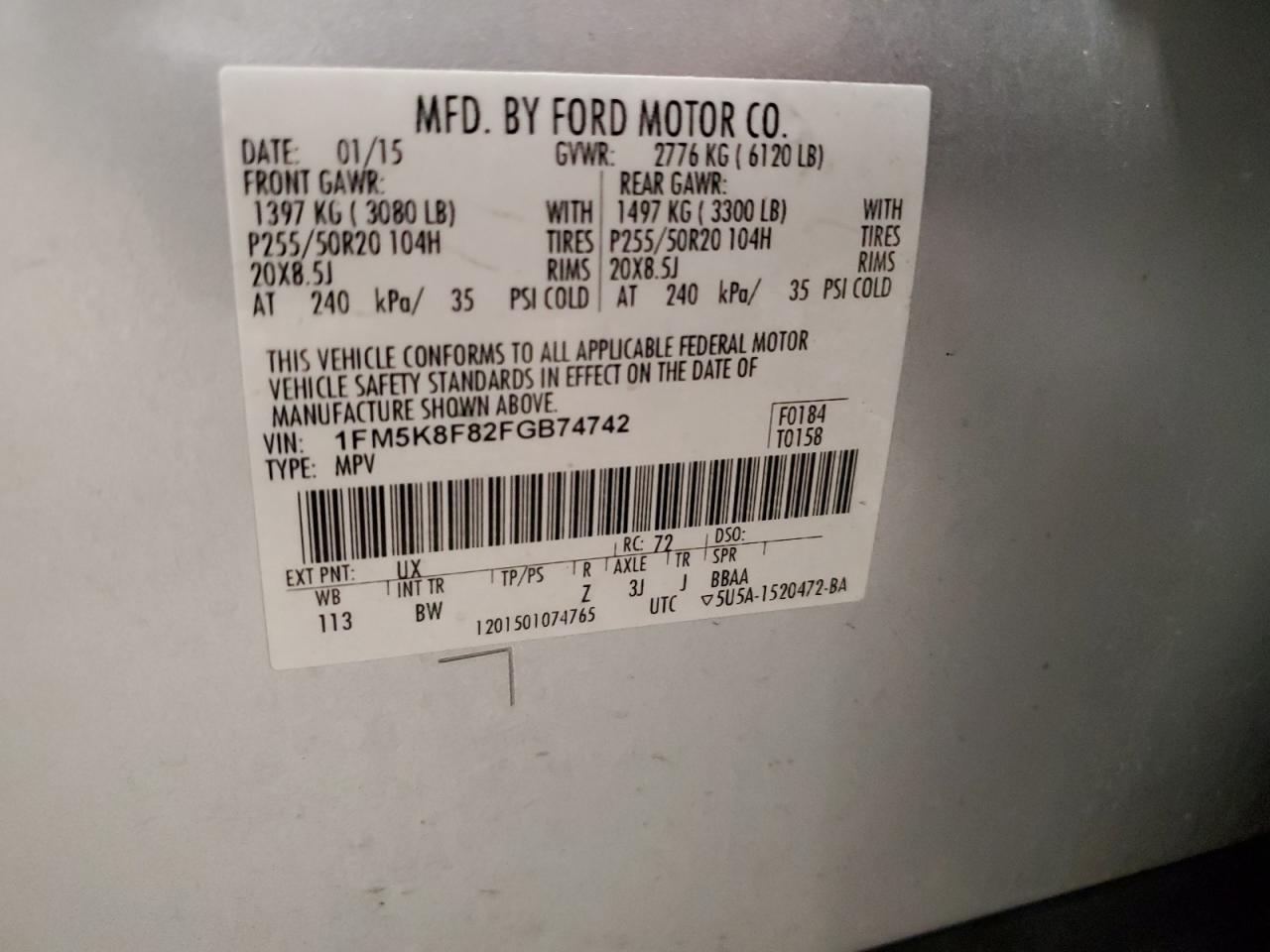 2015 Ford Explorer Limited VIN: 1FM5K8F82FGB74742 Lot: 82346595