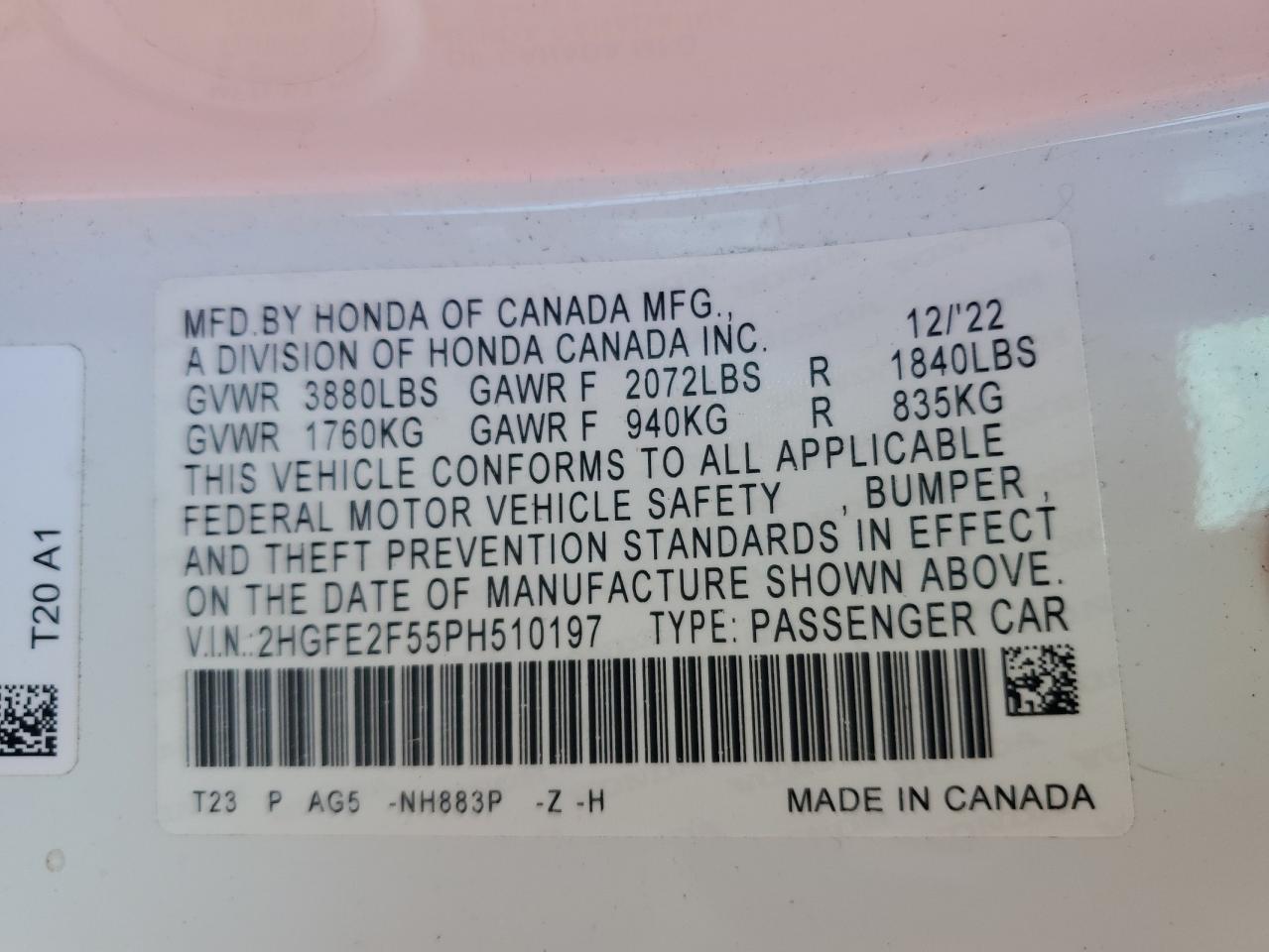 2023 Honda Civic Sport VIN: 2HGFE2F55PH510197 Lot: 85105575