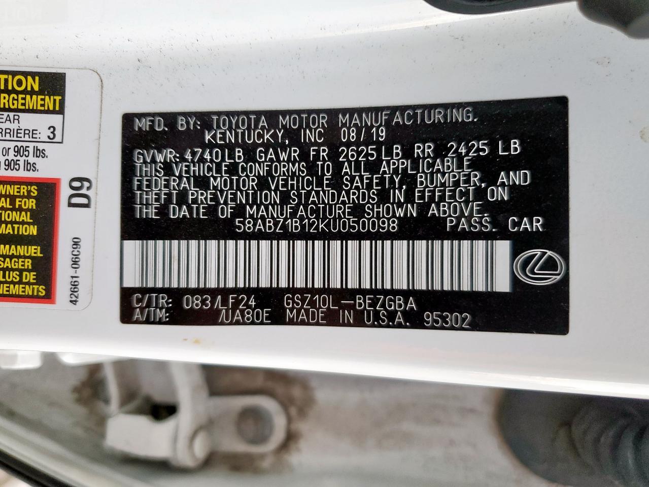 2019 Lexus Es 350 VIN: 58ABZ1B12KU050098 Lot: 85324355