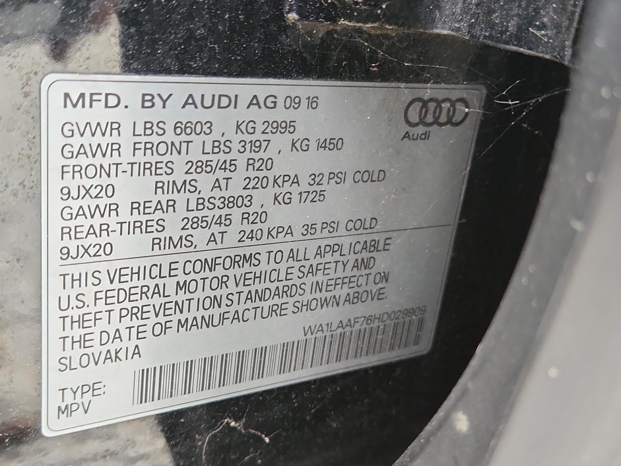 2017 Audi Q7 Premium Plus VIN: WA1LAAF76HD029909 Lot: 87455795