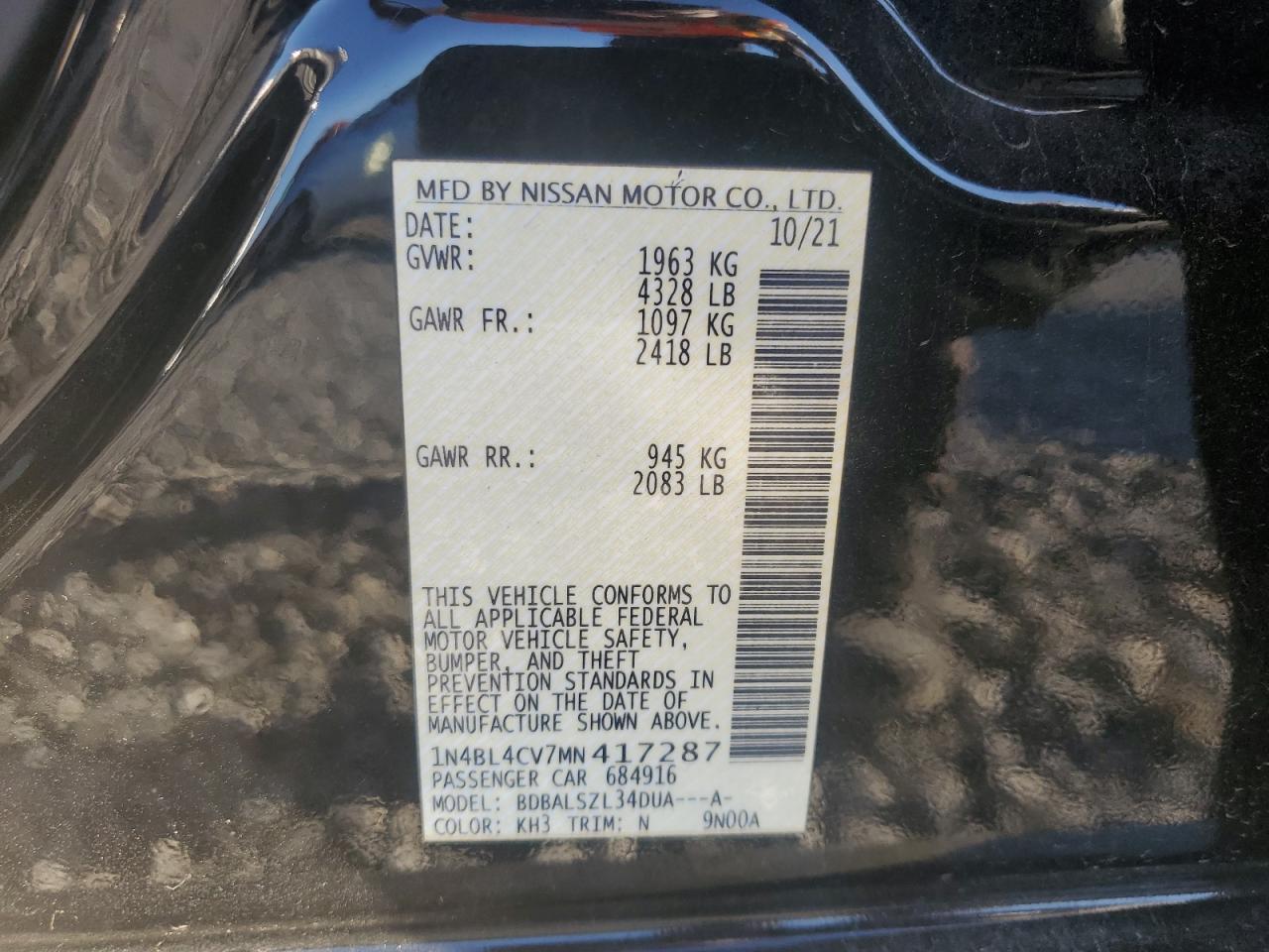 2021 Nissan Altima Sr VIN: 1N4BL4CV7MN417287 Lot: 84598695
