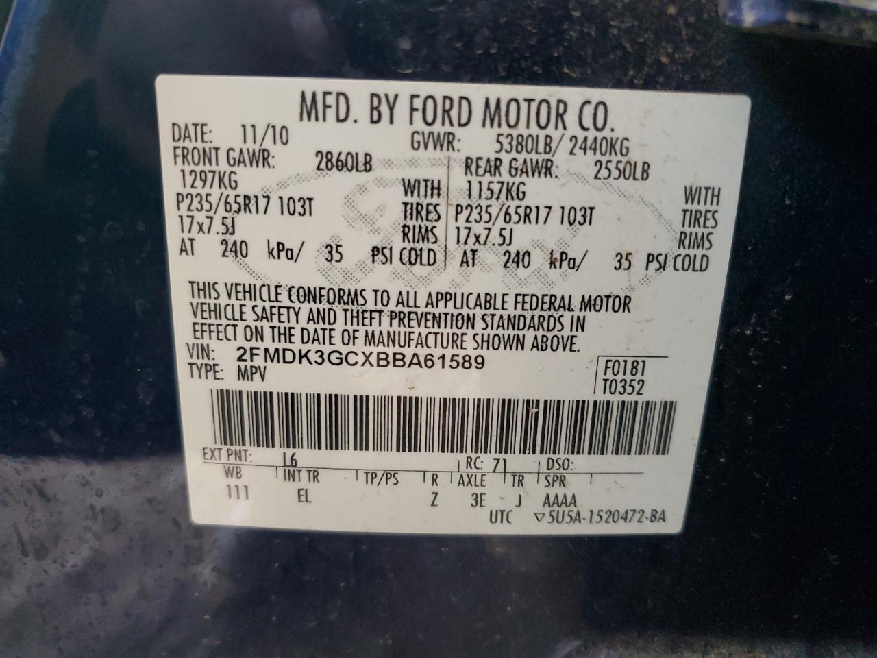 2011 Ford Edge Se VIN: 2FMDK3GCXBBA61589 Lot: 82331155