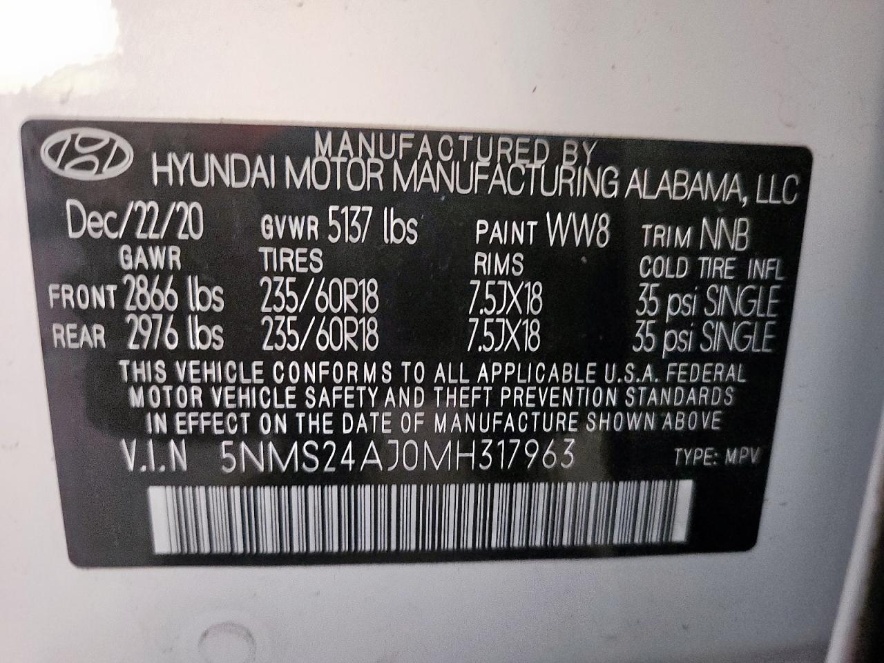 2021 Hyundai Santa Fe Sel VIN: 5NMS24AJ0MH317963 Lot: 86079045