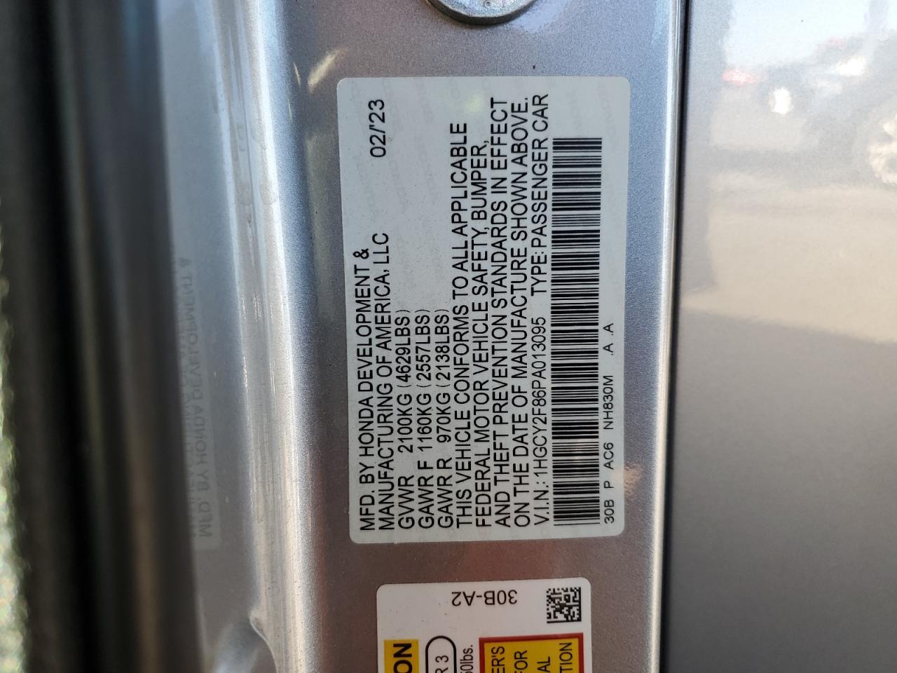 2023 Honda Accord Touring Hybrid VIN: 1HGCY2F86PA013095 Lot: 85546105