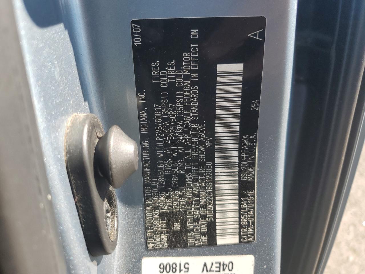 2008 Toyota Sienna Xle VIN: 5TDZK22C18S122850 Lot: 85318505