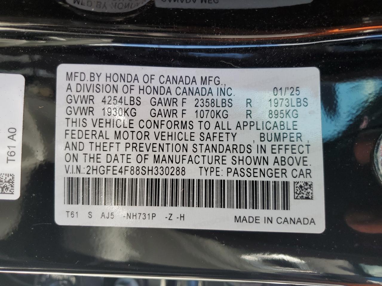 2025 Honda Civic Sport VIN: 2HGFE4F88SH330288 Lot: 85899355