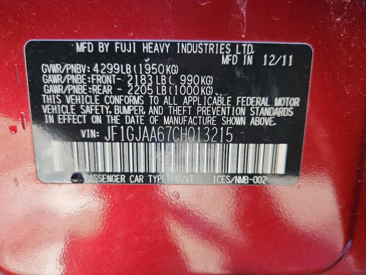 2012 Subaru Impreza VIN: JF1GJAA67CH013215 Lot: 90509935