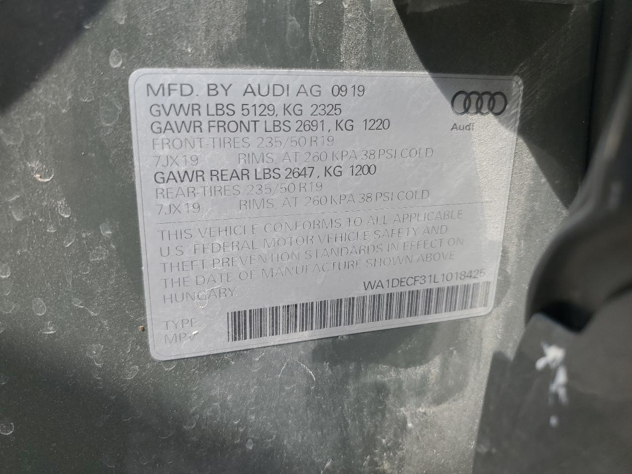 2020 Audi Q3 Premium S Line VIN: WA1DECF31L1018425 Lot: 87285875