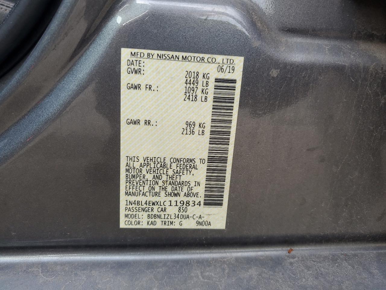 2020 Nissan Altima Sl VIN: 1N4BL4EWXLC119834 Lot: 85151375