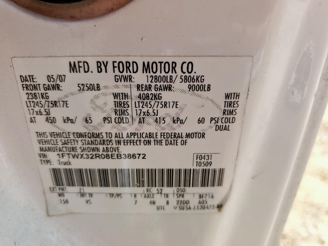 2008 Ford F350 Super Duty VIN: 1FTWX32R08EB38672 Lot: 81916175