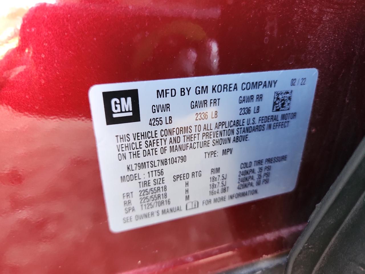 2022 Chevrolet Trailblazer Rs VIN: KL79MTSL7NB104790 Lot: 82417755