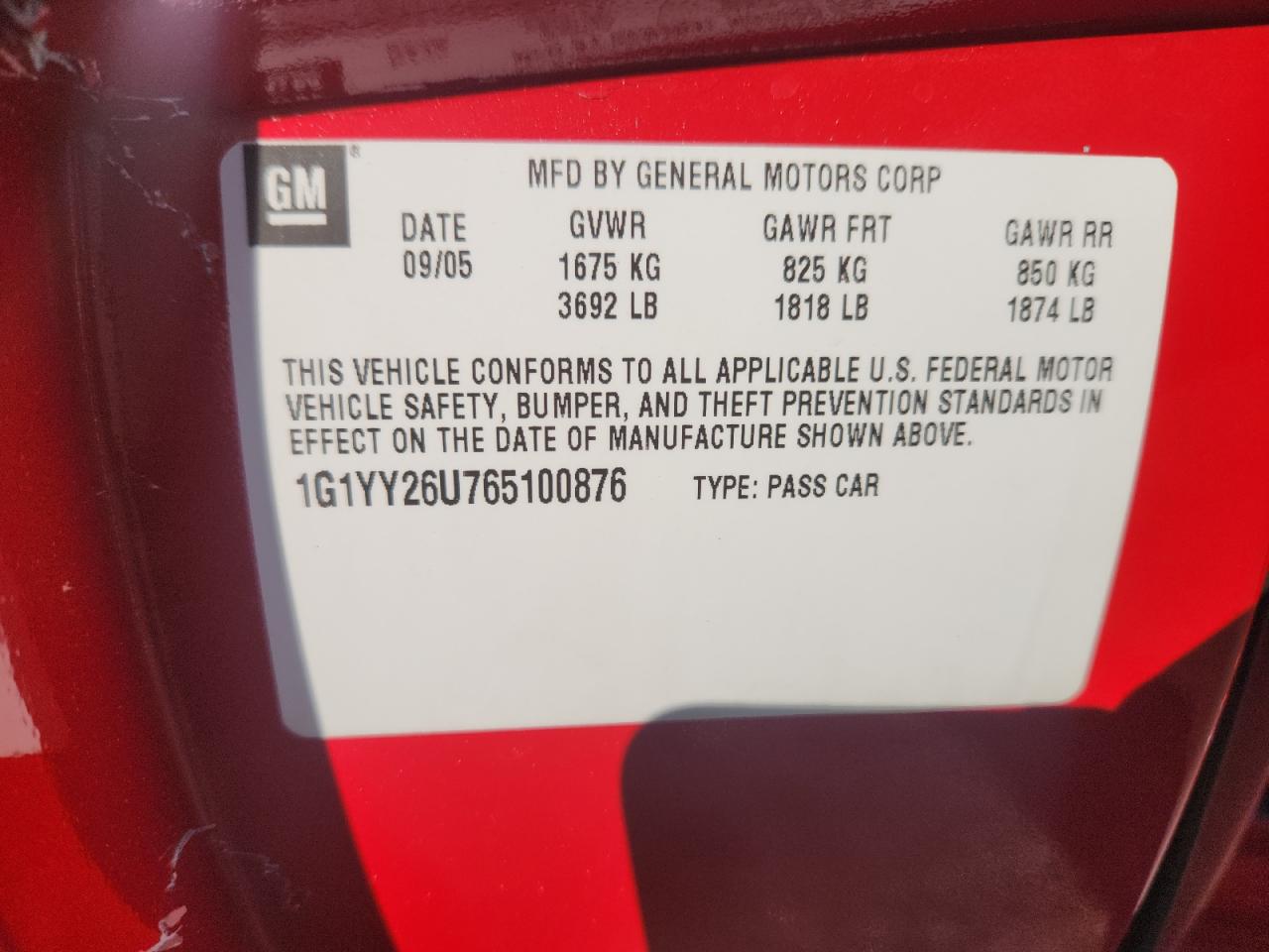 2006 Chevrolet Corvette VIN: 1G1YY26U765100876 Lot: 90508665