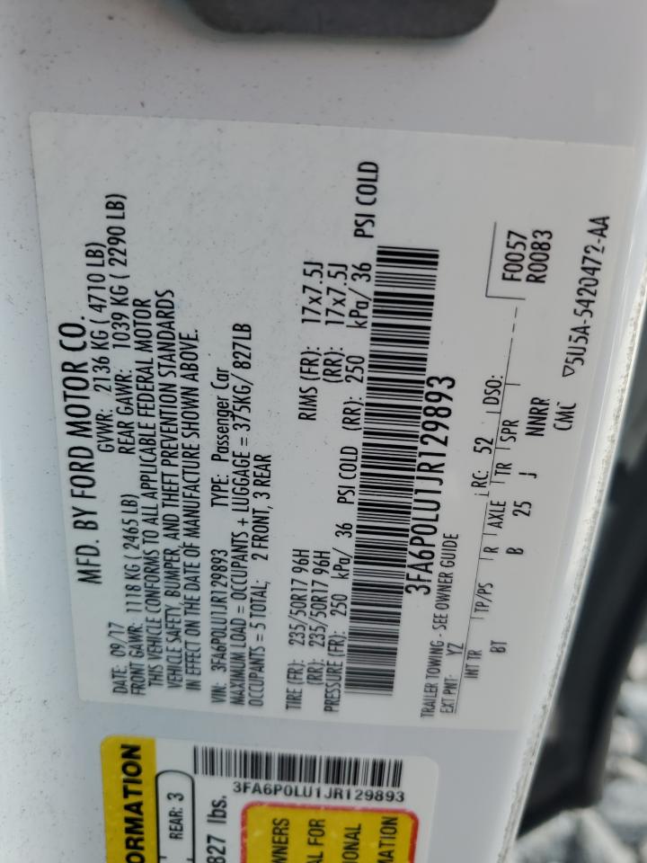 2018 Ford Fusion Se Hybrid VIN: 3FA6P0LU1JR129893 Lot: 89882415