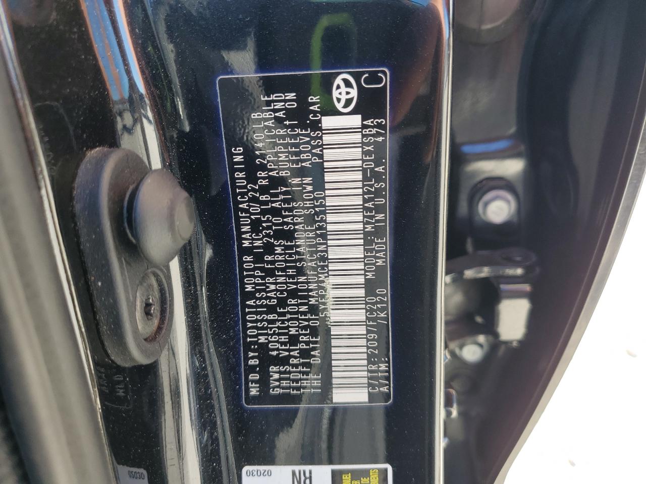 2022 Toyota Corolla Se VIN: 5YFP4MCE3NP135150 Lot: 86177095