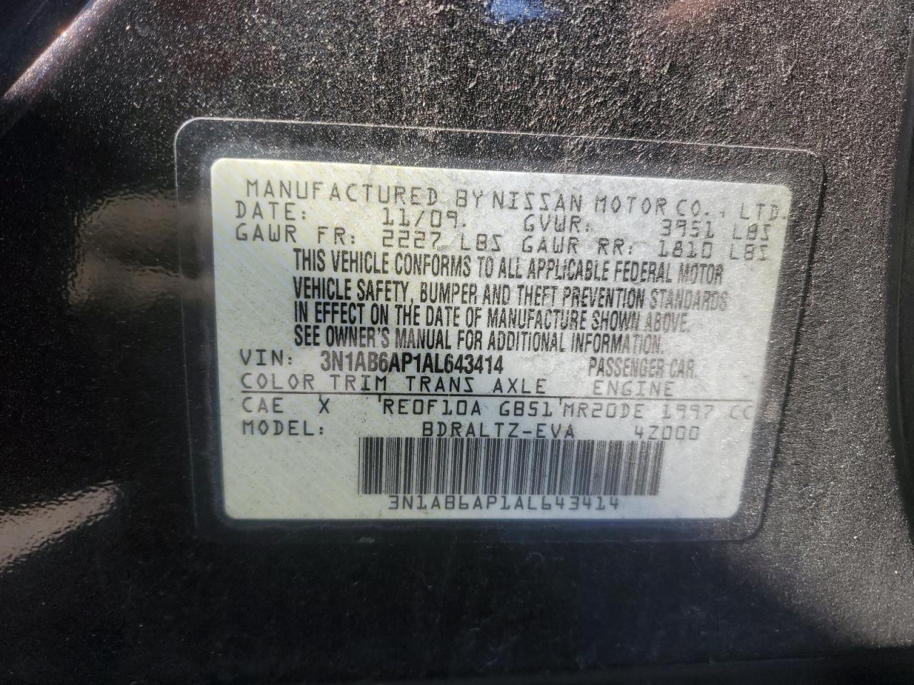 2010 Nissan Sentra 2.0 VIN: 3N1AB6AP1AL643414 Lot: 86640435