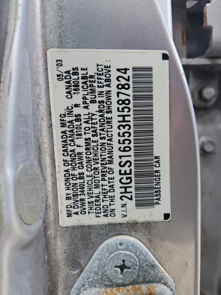 2003 Honda Civic Lx VIN: 2HGES16553H587824 Lot: 85515335