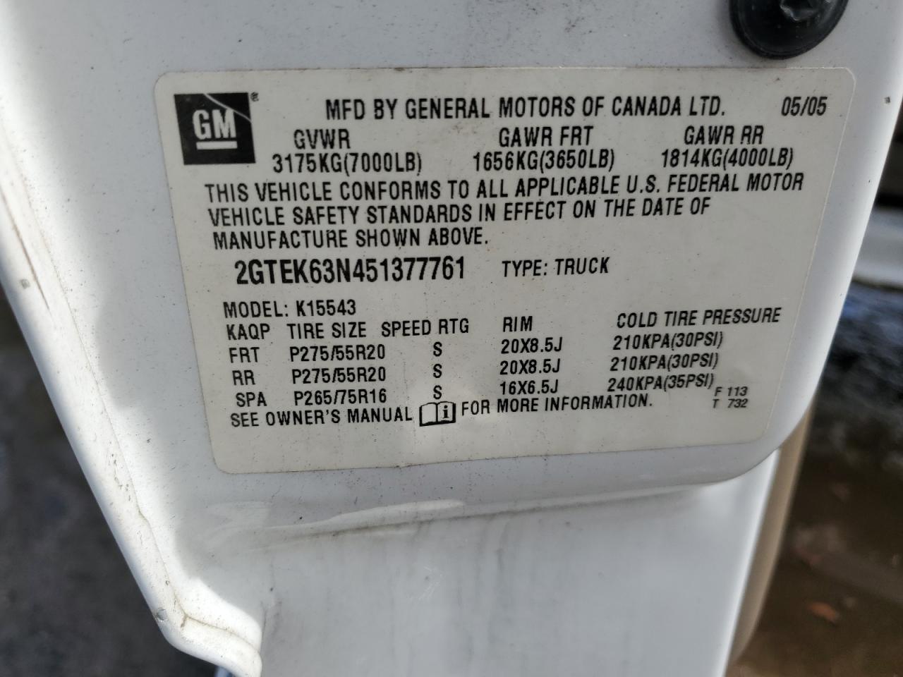 2005 GMC Sierra K1500 Denali VIN: 2GTEK63N451377761 Lot: 84632325