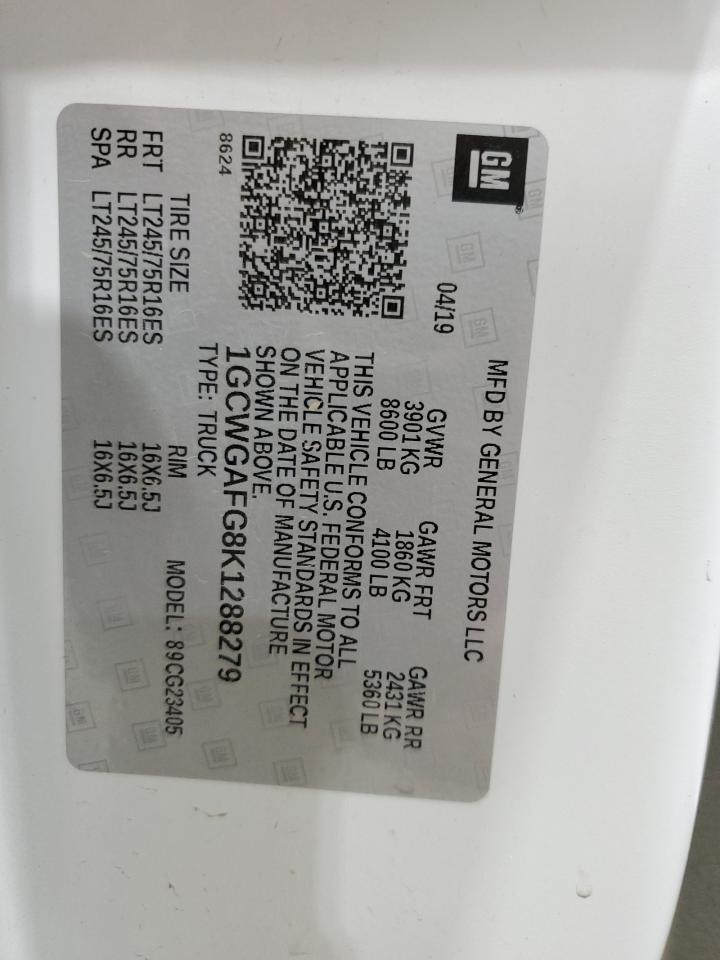 2019 Chevrolet Express G2500 VIN: 1GCWGAFG8K1288279 Lot: 85530085