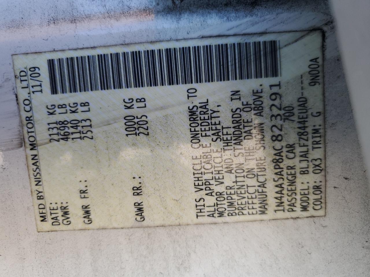 2010 Nissan Maxima S VIN: 1N4AA5AP8AC823291 Lot: 86631685