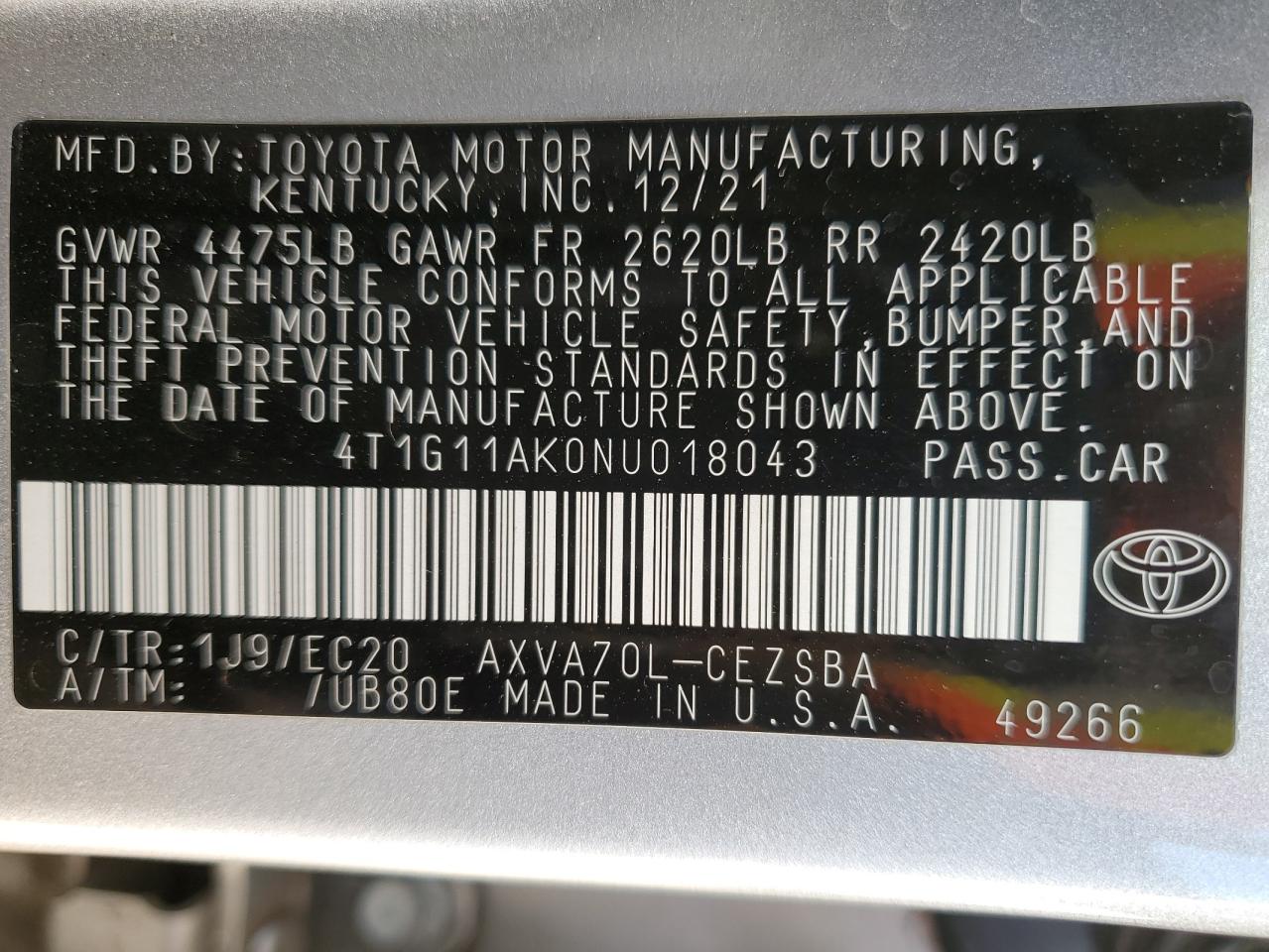 2022 Toyota Camry Se VIN: 4T1G11AK0NU018043 Lot: 85295845